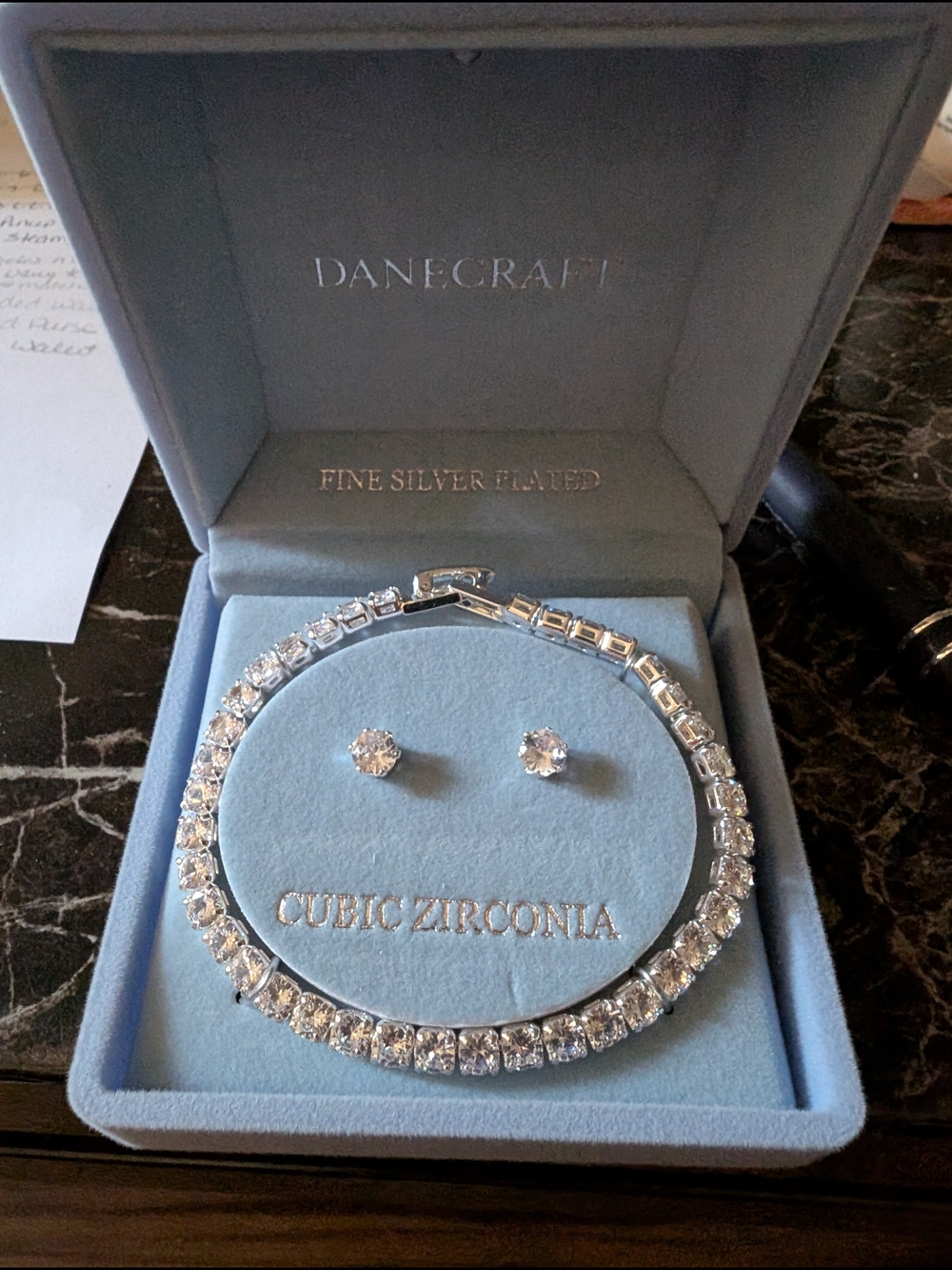 Danecraft Silver-Plated Cubic Zirconia Tennis Bracelet and Stud Earrings